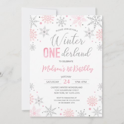 Pink Winter Onederland Snowflakes First Birthday Invitation