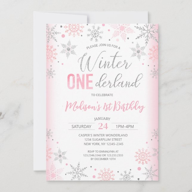 Pink Winter Onederland Snowflakes First Birthday Invitation (Front)