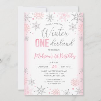 Pink Winter Onederland Snowflakes First Birthday Invitation by SugarPlumPaperie at Zazzle