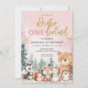 Pink Winter Onederland Woodland 1st Birthday Invitation