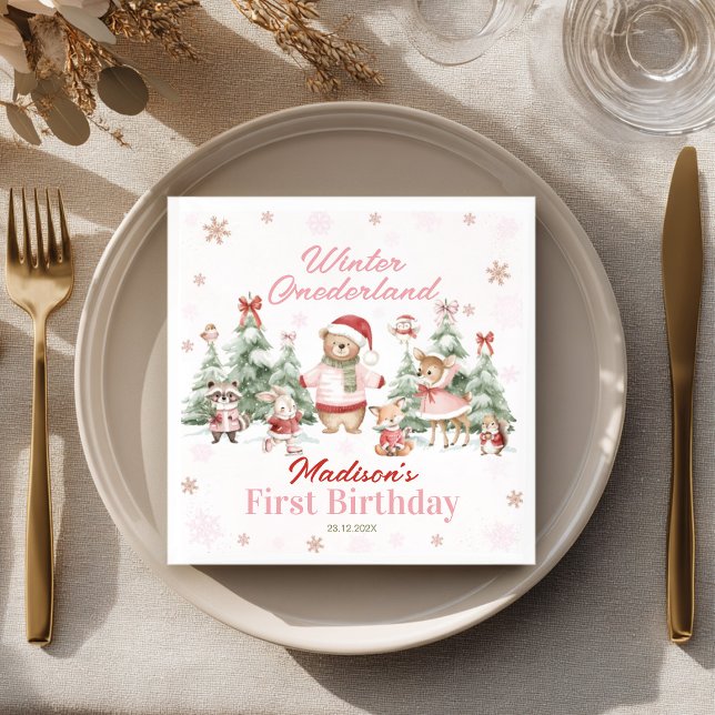 Pink Winter Onederland Woodland Animals Birthday Napkins (Creator Uploaded)