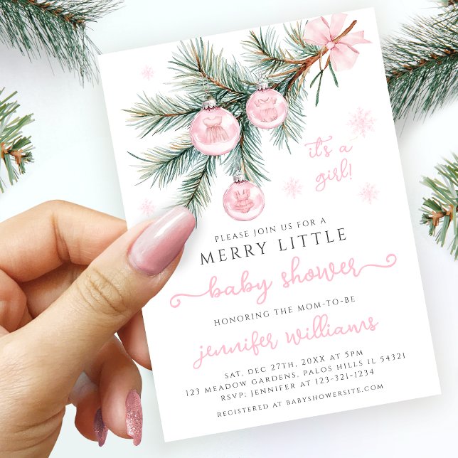 Pink Winter Ornaments on Pine Fir Baby Girl Shower Invitation (Creator Uploaded)