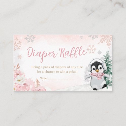 Pink Winter Penguin Baby Shower Diaper Raffle Enclosure Card