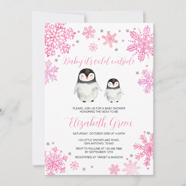 Pink Winter Penguin Baby Shower Invitation (Front)