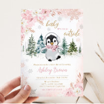 Pink Winter Penguin Baby Shower  Invitation