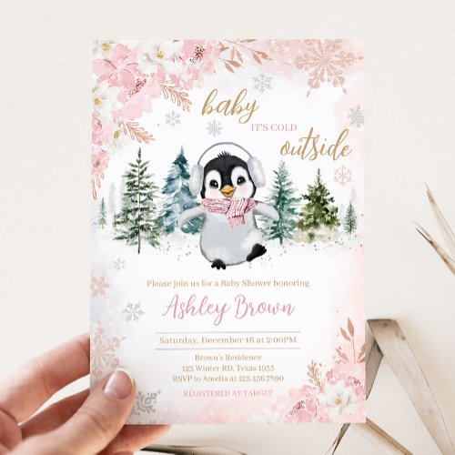 Pink Winter Penguin Baby Shower  Invitation