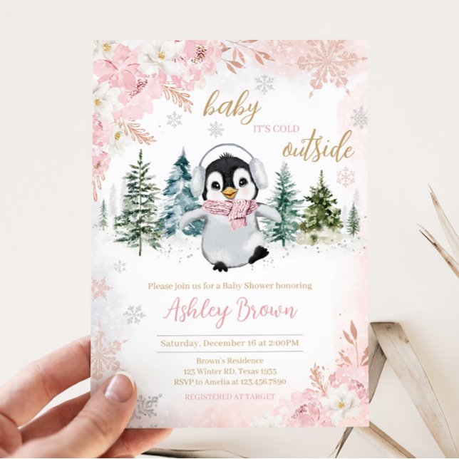 Pink Winter Penguin Baby Shower  Invitation (Girl Penguin Baby Shower Invitation)
