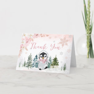 Pink Winter Penguin Baby Shower Letterpress Thank You Card
