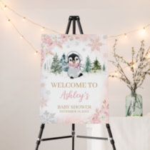 Pink Winter Penguin Baby Shower Welcome Sign