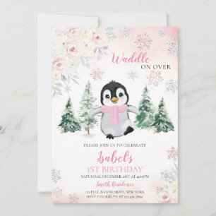 Pink Winter Penguin Birthday Party Invitation