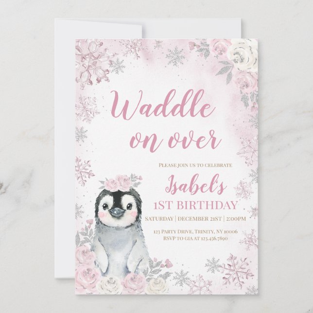 Pink Winter Penguin Birthday Party Invitation (Front)