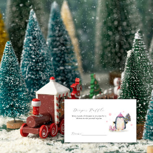 Pink Winter Penguin Diaper Raffle Baby Shower Enclosure Card