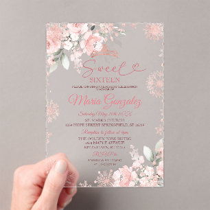 Pink Winter Rose Gold Floral Sweet 16 Birthday Acrylic Invitations