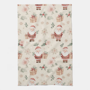 Pink Winter - Santa Claus, Snowflakes, Holly (2) Kitchen Towel