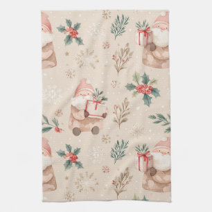 Pink Winter - Santa Claus, Snowflakes, Holly (4) Kitchen Towel