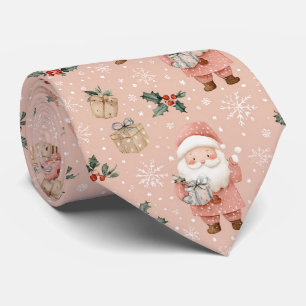 Pink Winter - Santa Claus, Snowflakes, Holly Neck Tie