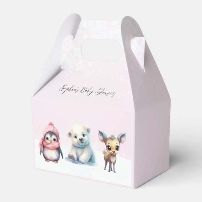 Pink Winter Snow Cold Outside Baby Shower Favor Boxes (Front Side)