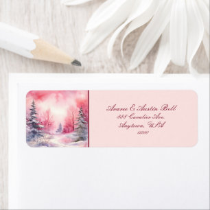 Pink Winter Snow Scene Trees Sky Trail Label