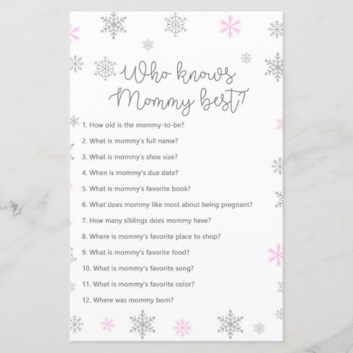 Pink Winter Snowflake Baby Shower Game PRINTED