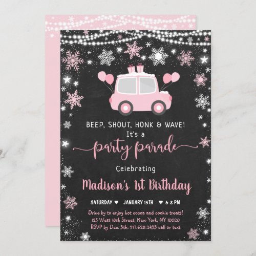Pink Winter Snowflake Drive By Birthday Invitation