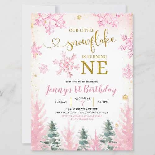 Pink Winter Snowflake First Birthday Invitation
