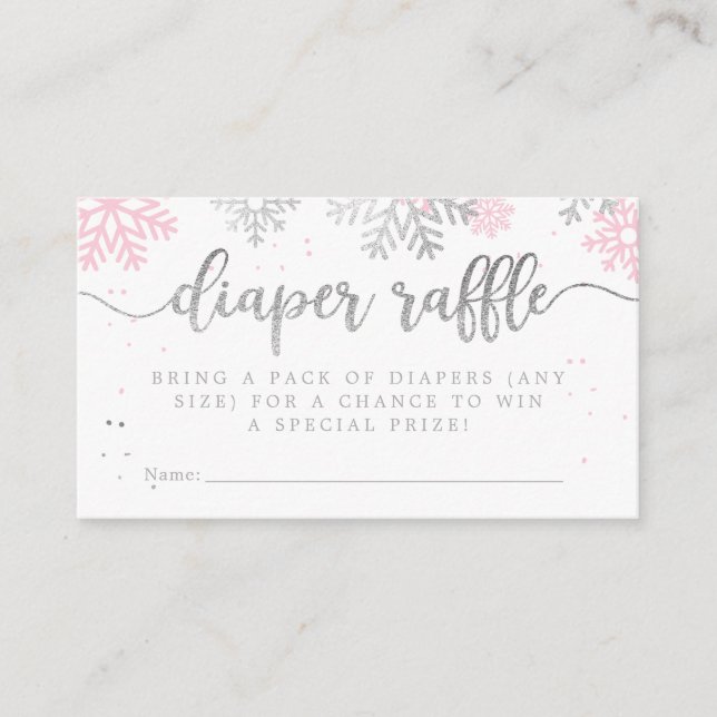 Pink Winter Snowflakes Baby Shower Diaper Raffle Enclosure Card (Front)