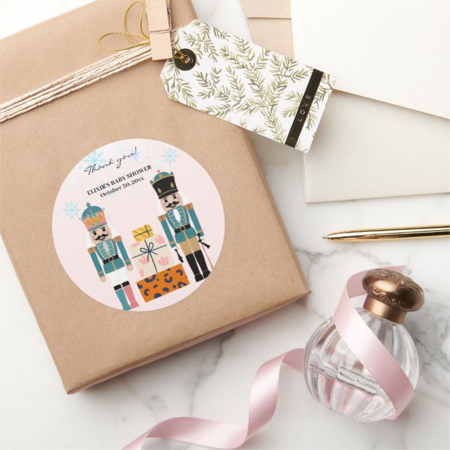 Pink Winter Snowflakes Nutcracker Baby Shower Classic Round Sticker (Gifting)