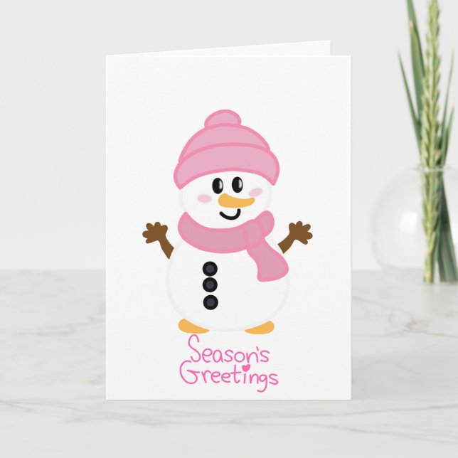 Pink Winter Snowman Season's Greetings Card (Front)