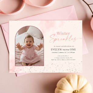 Pink Winter Sprinkles First Birthday Arch Photo Invitation
