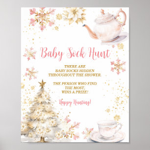 Pink Winter Tea Party Baby Shower Baby Sock Hunt Poster