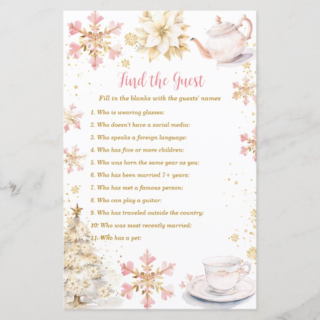 Pink Winter Tea Party Baby Shower Find The Guest (Front)