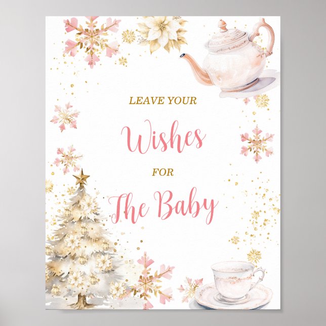 Pink Winter Tea Party Baby Shower Leave Your Wish Poster (Front)