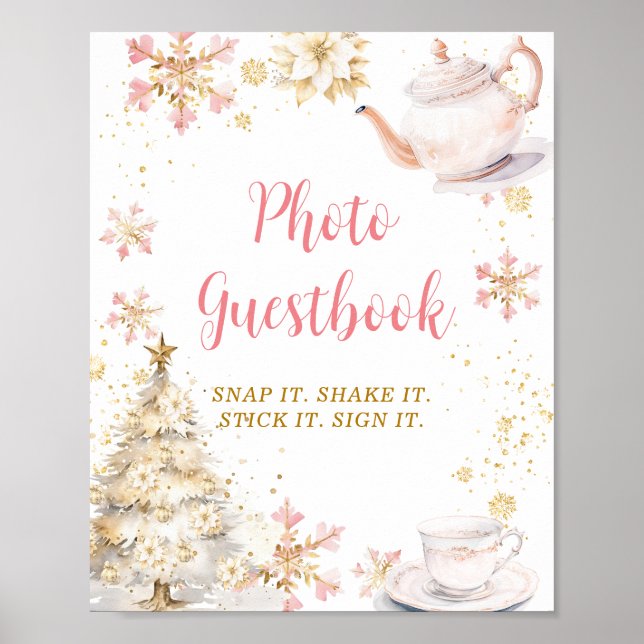 Pink Winter Tea Party Baby Shower Photo Guestbook (Front)