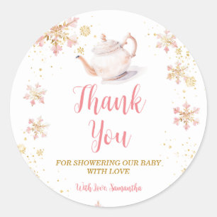 Pink Winter Tea Party Baby Shower Thank You Classic Round Sticker