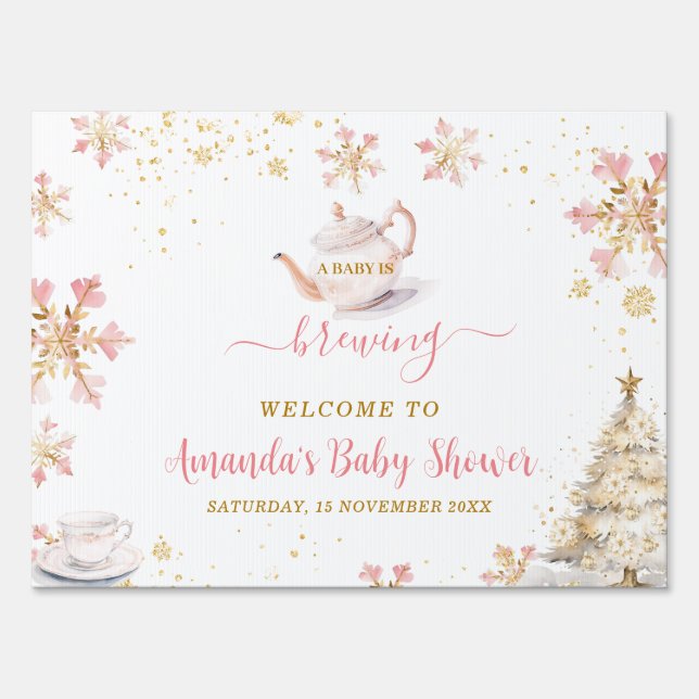 Pink Winter Tea Party Baby Shower Welcome Yard Sign (Front)