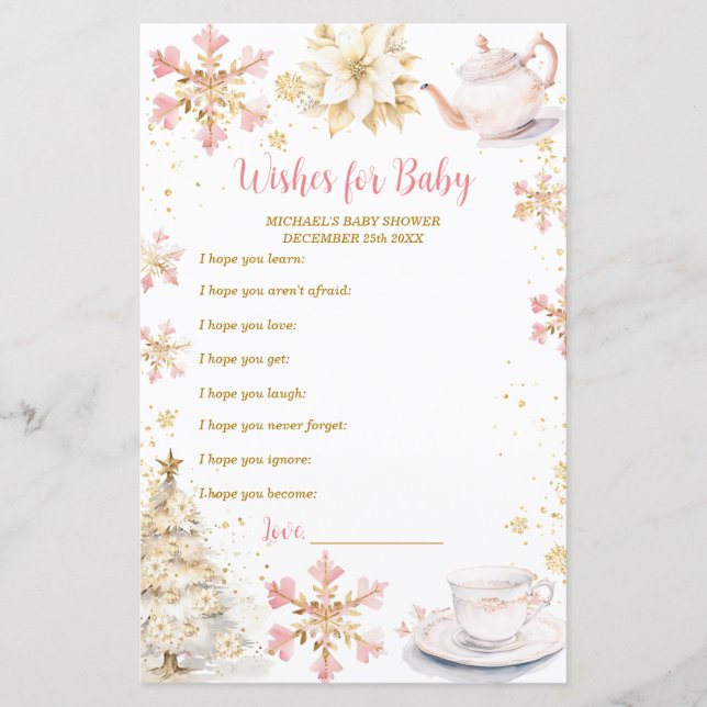 Pink Winter Tea Party Baby Shower Wishes for Baby (Front)