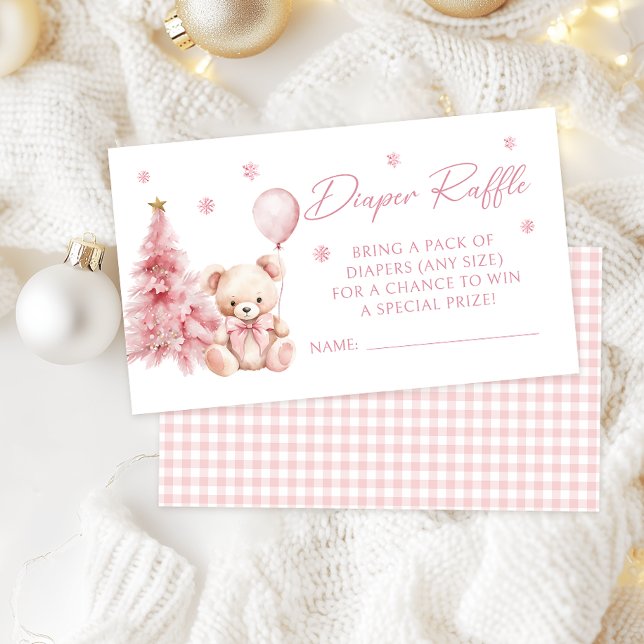 Pink Winter Teddy Bear Baby Girl Diaper Raffle Enclosure Card (Creator Uploaded)