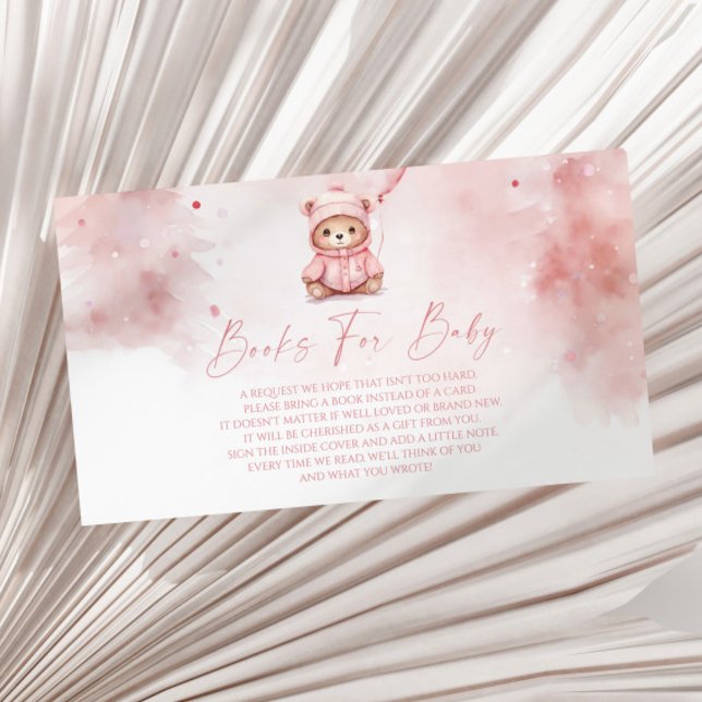 Pink Winter Teddy Bear Baby Shower Books For Baby Enclosure Card (Creator Uploaded)