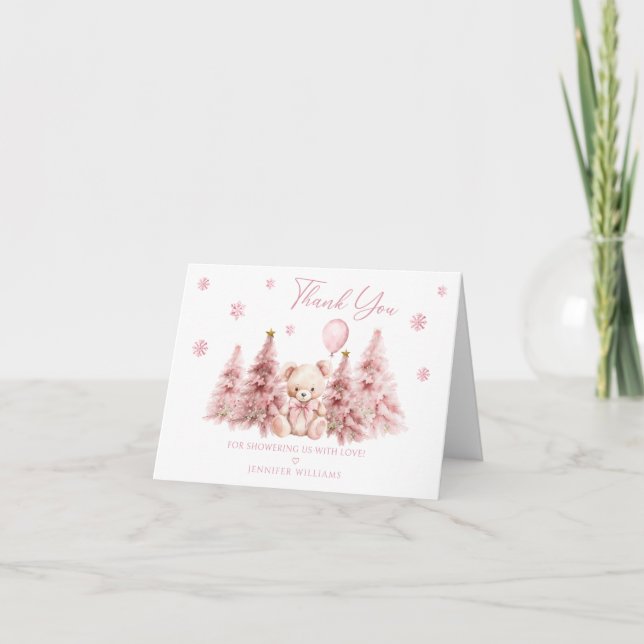 Pink Winter Teddy Bear Bow Baby Girl Shower Thank You Card (Front)