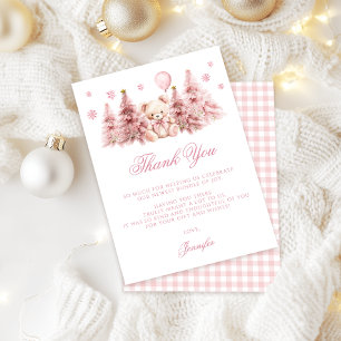 Pink Winter Teddy Bear Bow Baby Girl Shower Thank You Card