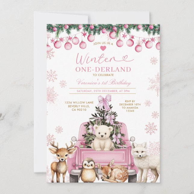 Pink Winter Truck Onederland 1st Birthday Animals Invitation (Front)