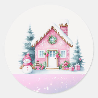 Pink Winter Village Gingerbread House Classic Round Sticker