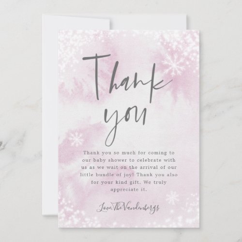 Pink Winter Watercolor Baby Shower Thank You Card