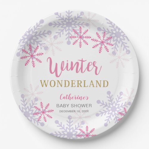 Pink Winter Wonderland Baby Shower Snowflakes Girl Paper Plates