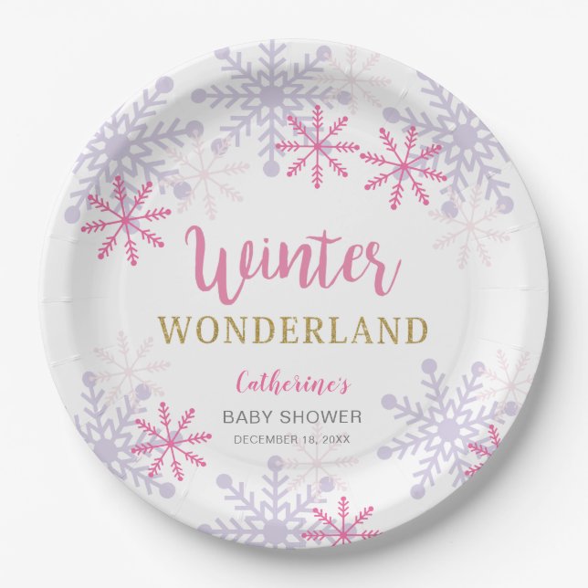Pink Winter Wonderland Baby Shower Snowflakes Girl Paper Plates (Front)