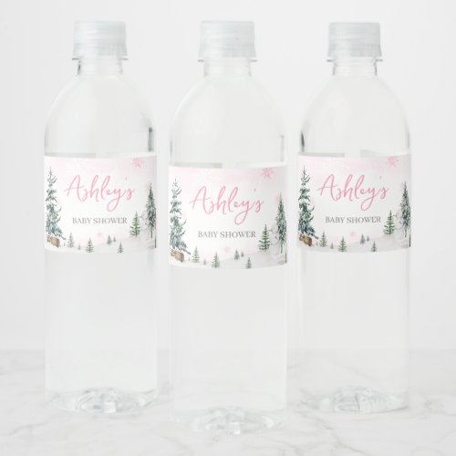 Pink Winter Wonderland Baby Shower Water Bottle Label