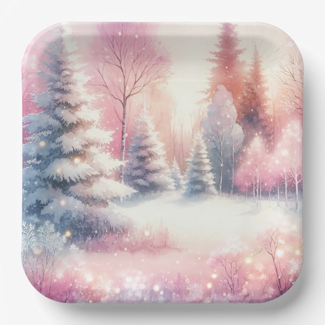 Pink Winter Wonderland Christmas  Paper Plates (Front)