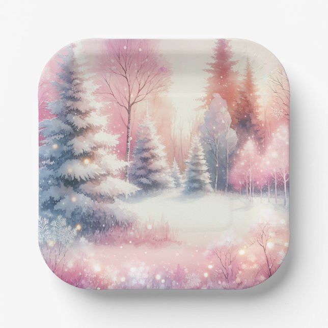 Pink Winter Wonderland Christmas  Paper Plates (Front)