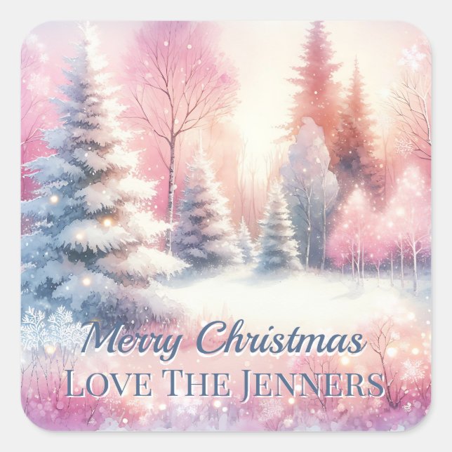Pink Winter Wonderland Christmas Personalized Square Sticker (Front)