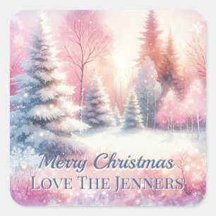 Pink Winter Wonderland Christmas Personalized Square Sticker